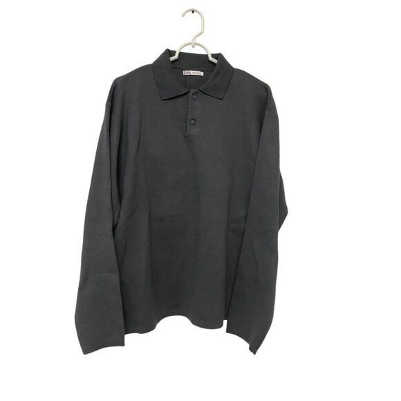 Zara Men Polo Shirt XL Gray Textured Long Sleeve Viscose Pullover 5536/310 NWT - Picture 2 of 10